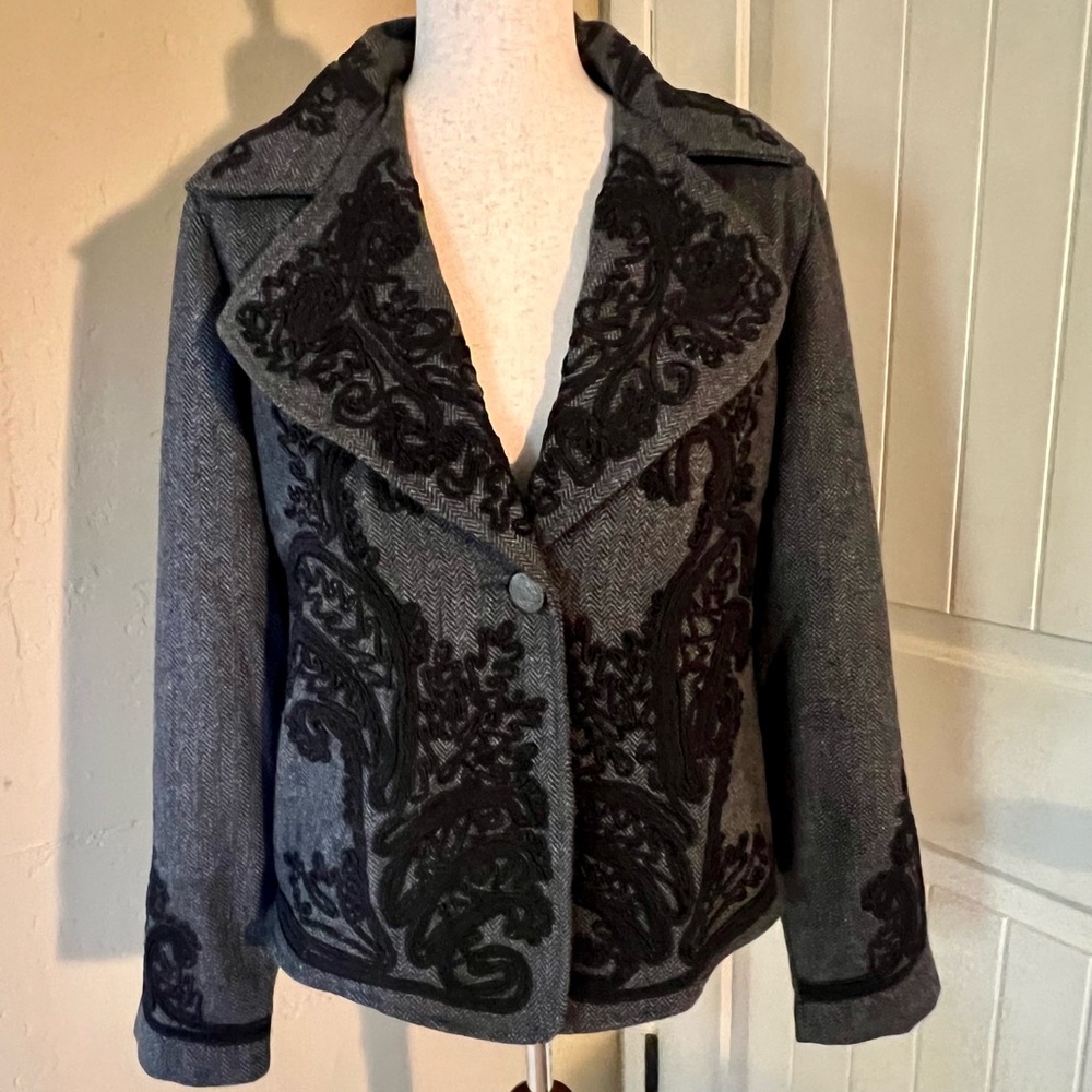 Soft Surroundings Wool Blend Jacket- Grey with Black Embroidery.- size M.